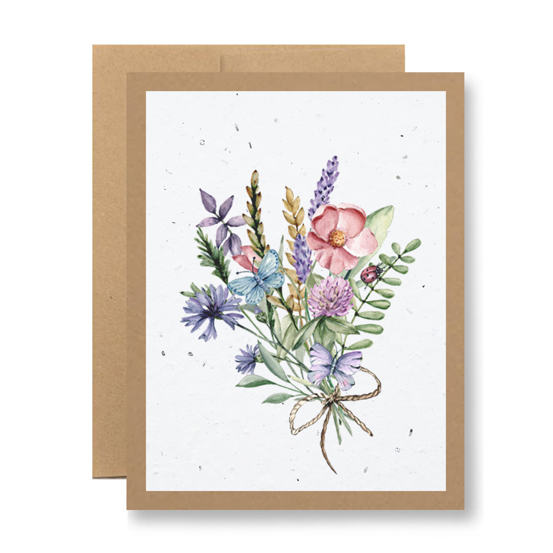 The Plantable Greeting Card - wildflower bouquet by My Store features a brown border, a bouquet illustration, and is made from wildflower seed paper. Comes with a matching brown envelope.