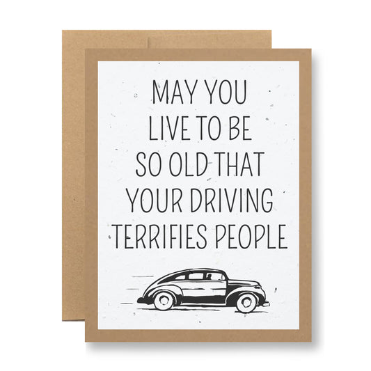 Introducing the Plantable Greeting Card from My Store: "May you live to be so old that your driving terrifies people." This handmade card combines humor and sustainability with its vintage car illustration, crafted on eco-friendly seed paper embedded with wildflower seeds.