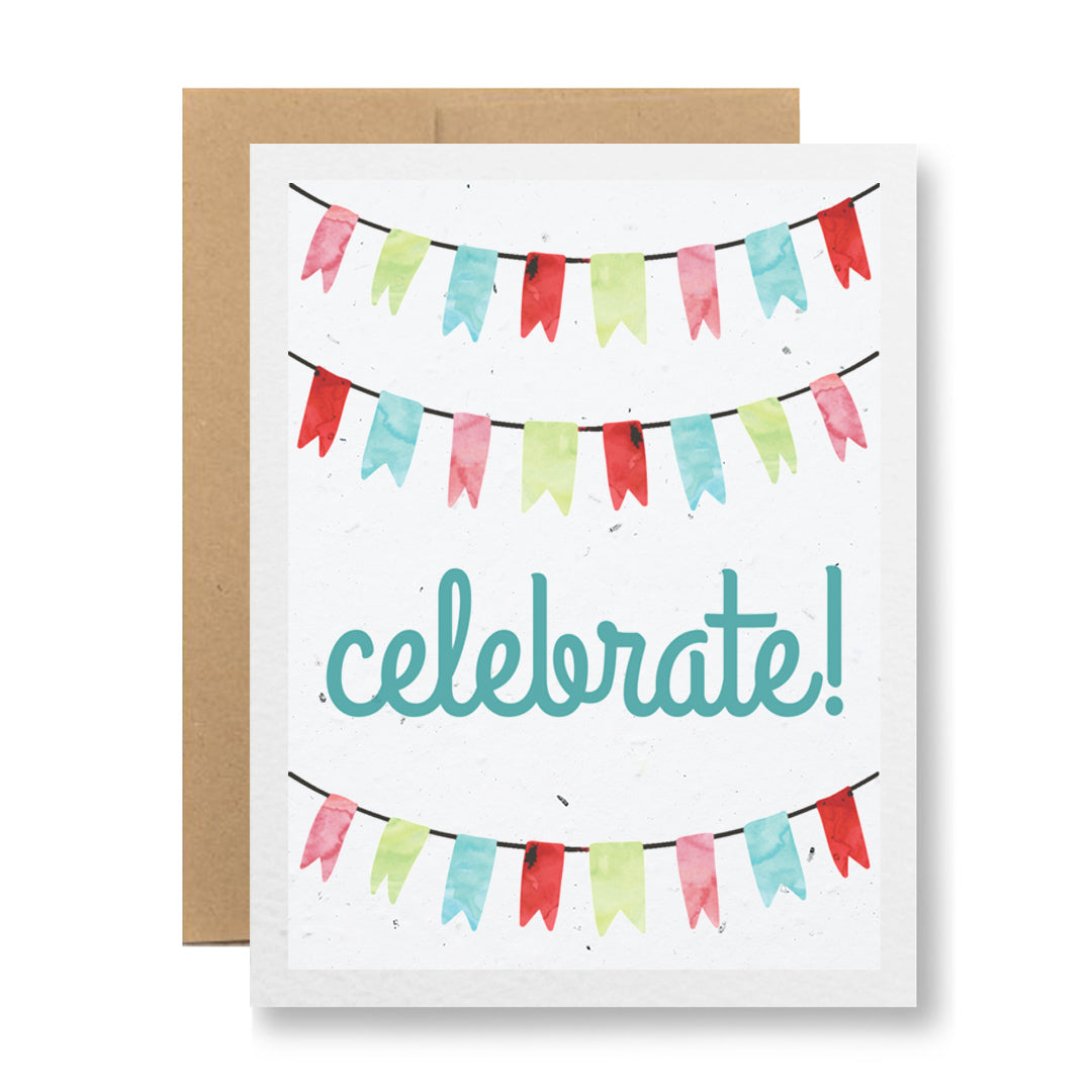 Introducing the Plantable Greeting Card - Celebrate! by My Store. This eco-friendly card showcases three rows of vibrant bunting flags in red, green, and blue, with the word "celebrate!" highlighted in bold teal letters at the center. Crafted on recycled cardstock, it comes with a plain brown backing to enhance its sustainable appeal.