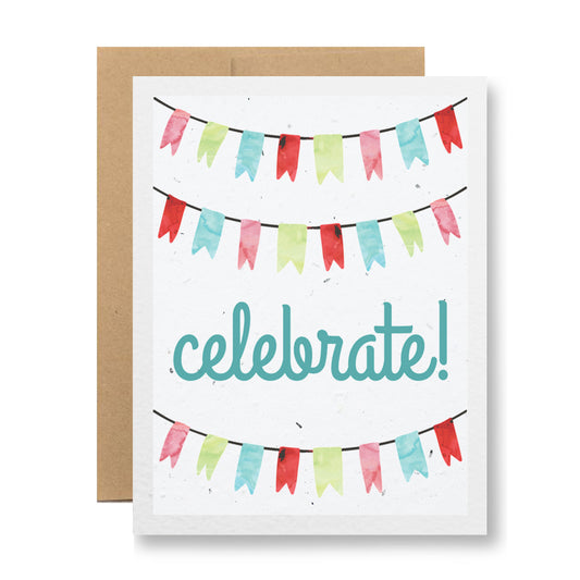 Introducing the Plantable Greeting Card - Celebrate! by My Store. This eco-friendly card showcases three rows of vibrant bunting flags in red, green, and blue, with the word "celebrate!" highlighted in bold teal letters at the center. Crafted on recycled cardstock, it comes with a plain brown backing to enhance its sustainable appeal.