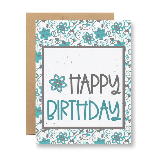 Plantable Greeting Card - Happy Birthday {teal flowers}