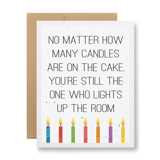 Introducing the "Plantable Greeting Card - ...the one who lights up the room" by My Store. This eco-friendly card is crafted from recycled cardstock and comes with a brown envelope. It features the heartfelt message, "No matter how many candles are on the cake, you're still the one who lights up the room," accompanied by illustrations of vibrant lit candles. Pair it perfectly with our wildflower seed embedded paper for an extra special touch.