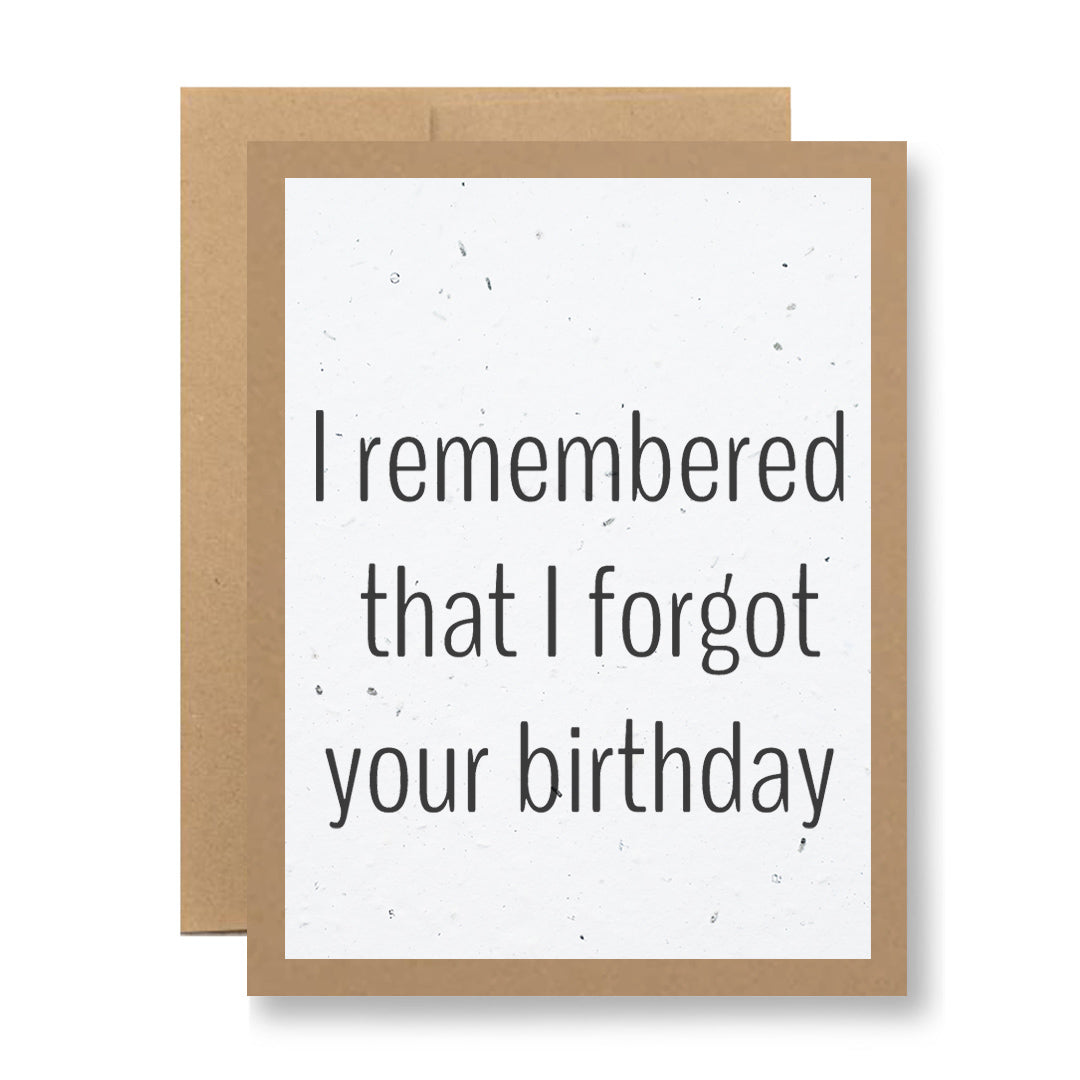 The "I remembered that I forgot your birthday" plantable greeting card by My Store features a brown border and white center, crafted on seed paper with a charming speckled background of small dots, promising the bloom of wildflower seeds.