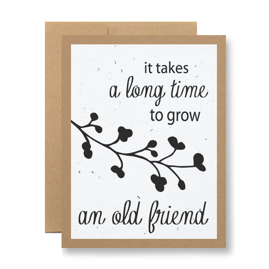 The Plantable Greeting Card from My Store, titled "It takes a long time to grow an old friend," showcases a brown-bordered design with text accompanied by a minimalist leafy branch illustration. Made from handmade seed paper, this eco-friendly card includes wildflower seeds that can be planted to nurture the growth of friendship.