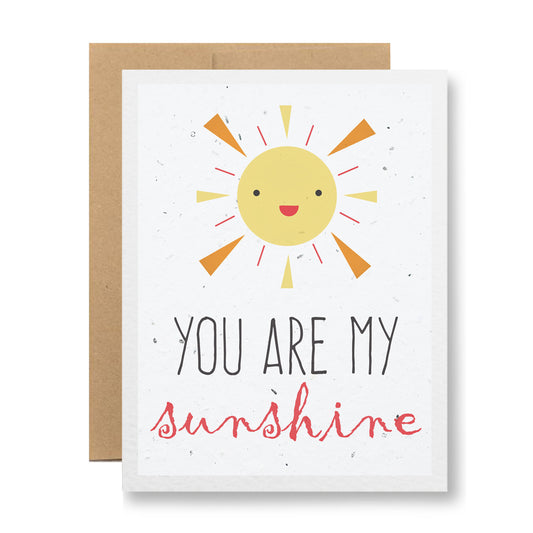 Introducing the "Plantable Greeting Card - You are my sunshine" by My Store. This unique card is created from handmade seed paper and showcases an illustrated, smiling sun with vibrant rays. Adorned in playful fonts, the text "You are my sunshine" sits below the sun. Paired with a brown envelope, this biodegradable card is ready to bloom into beautiful wildflowers.