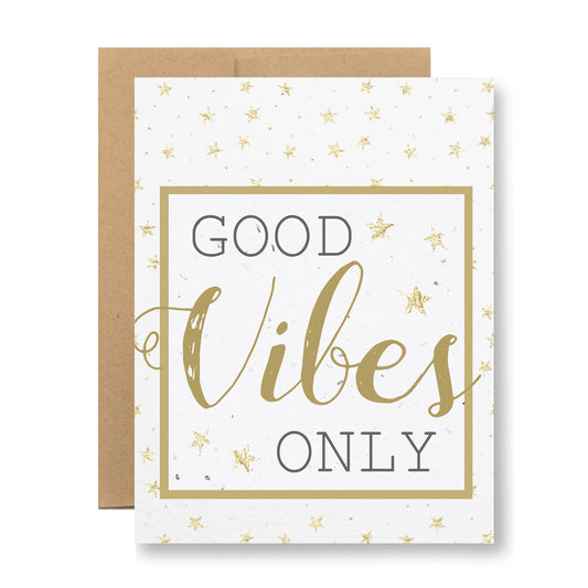 The Plantable Greeting Card - Good Vibes Only by My Store is crafted from biodegradable wildflower seed paper, showcasing a beige border with the message "Good Vibes Only" in elegant gold lettering. A cascade of small gold stars enhances the white background. This card comes paired with a brown envelope, offering an eco-friendly touch.