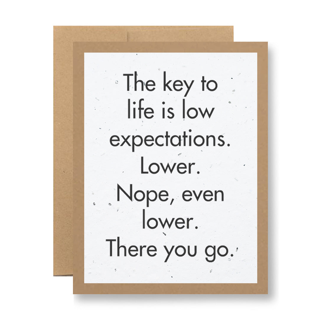 The Plantable Greeting Card - The key to life is low expectations... from My Store features a witty brown-edged design on handmade seed paper, plus a plain brown card—both crafted for sustainability.