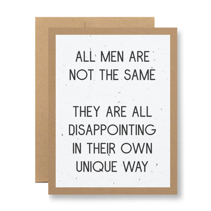 The Plantable Greeting Card - All men are not the same... by My Store features a handmade design with black text on white, a brown border, and is crafted from seed paper to grow wildflowers after gifting.