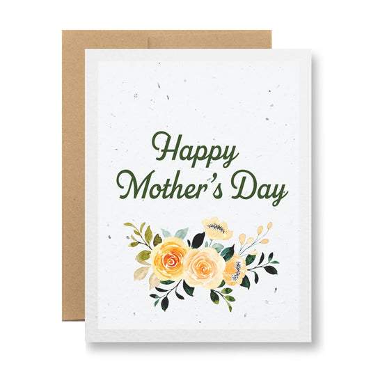 Introducing the "Plantable Greeting Card - Happy Mother's Day" by My Store – a sustainable option for Mother’s Day greetings. This delightful card showcases "Happy Mother's Day" in green, complemented by a floral pattern of yellow and cream roses with green leaves, all on eco-friendly, handmade seed paper. The card is elegantly presented against a plain backdrop and comes with a brown envelope.